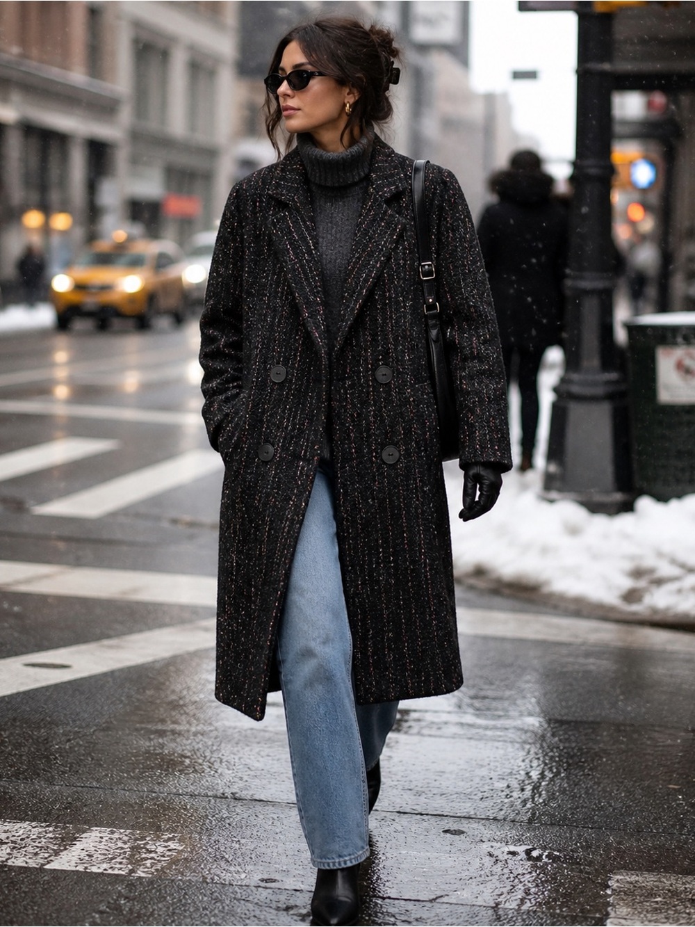 Vintage New York Girl Black/Pink Tweed Double-Breasted Women's Coat